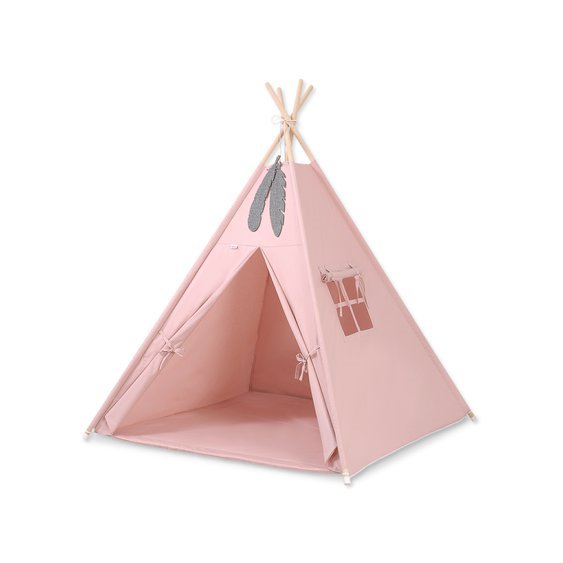 Teepee stan pre deti + hracia podložka + dekoratívne pierka - Light Pink3.jpg